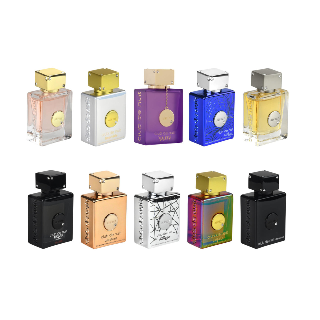 Armaf Club De Nuit 10 * 5 ML Parfum Mini Set: Intense Man + Sillage + Urban Man Elixir + Iconic + Club De Nuit Man + Maleka + Milestone + Untold + Club De Nuit Woman + Imperiale