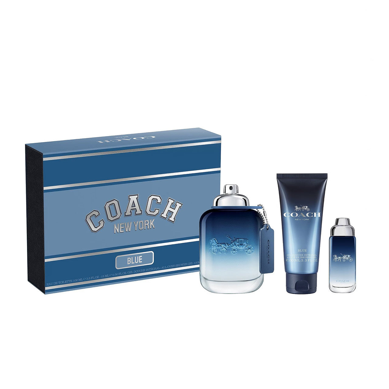 Coach Blue 3 PCS Set for Men: 3.3 Eau de Toilette Spray + 0.5 Eau de Toilette Spray + 3.3 All Over Shower Gel (hard)