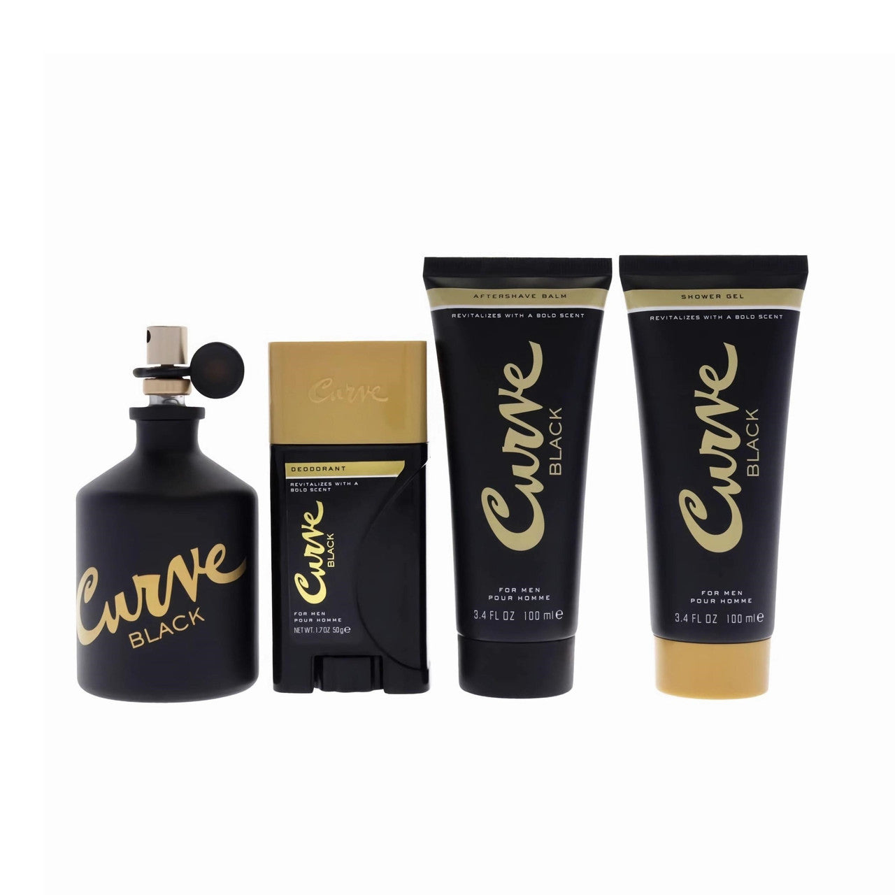 Curve Black 4 Pcs Set for Men: 4.2 Cologne Spray + 1.7 Deodorant Stick + 3.4 Shower Gel + 3.4 Aftershave Balm