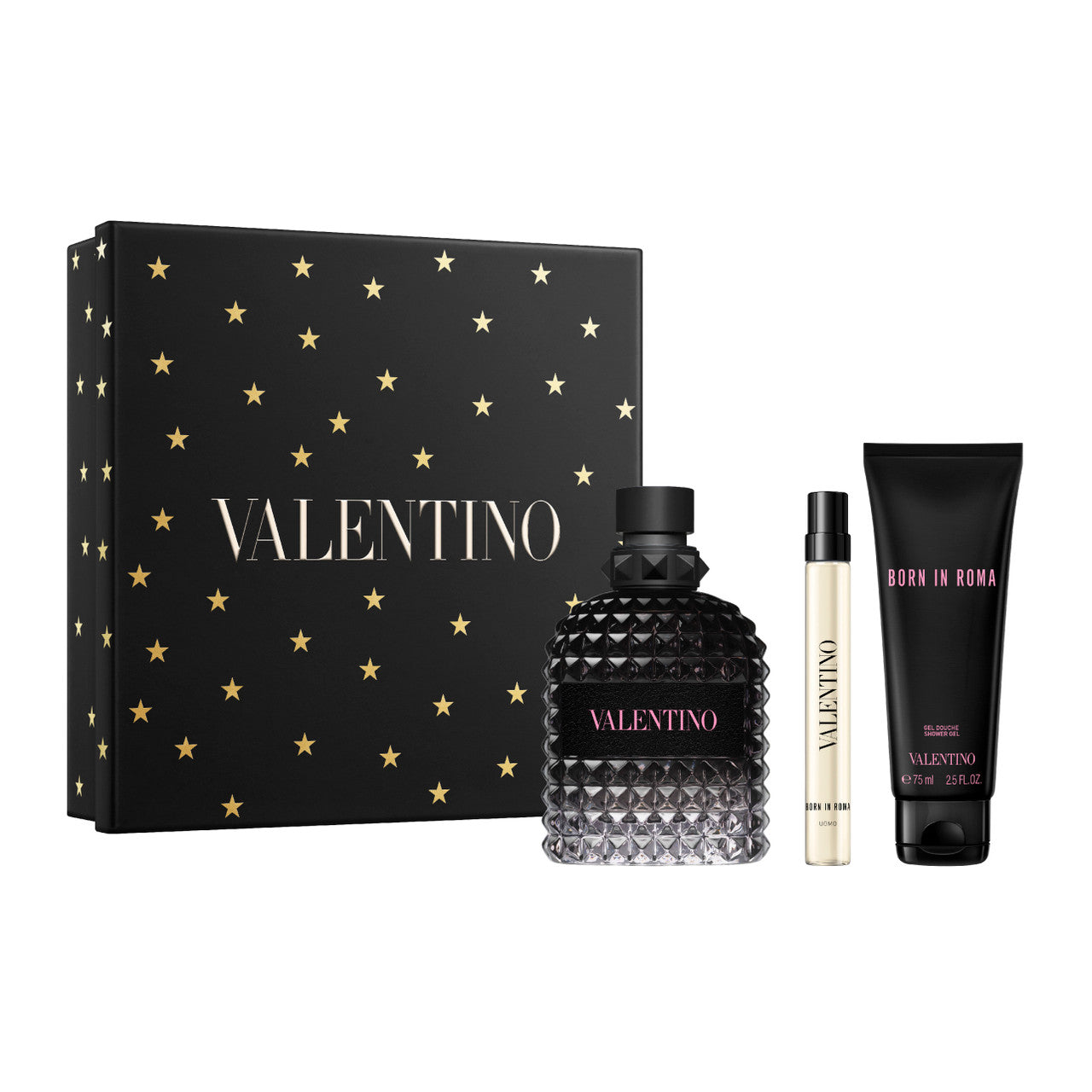 Valentino Uomo Born In Roma 3 PCS Set for Men: 3.4 Eau de Toilette Spray + 0.33 Eau de Toilette Spray + 2.5 Shower Gel