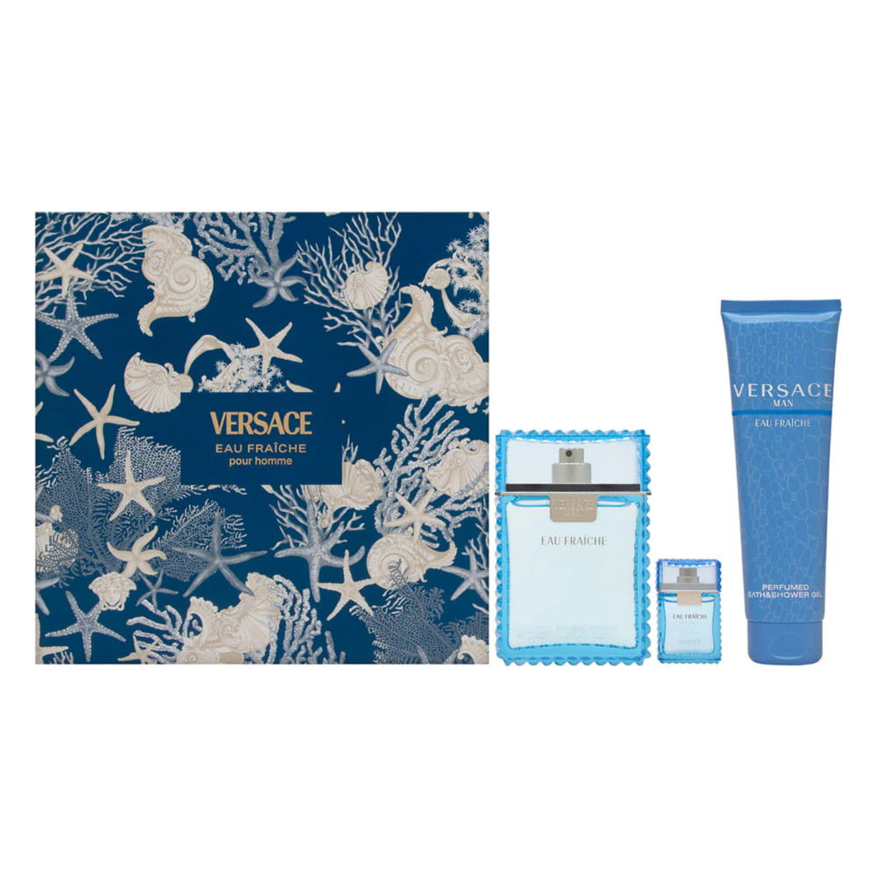 Versace Eau Fraiche 3 Pcs Set for Men: 3.4 Eau de Toilette Spray + 5 ml Eau de Toilette Mini + 5 oz Bath & Shower Gel