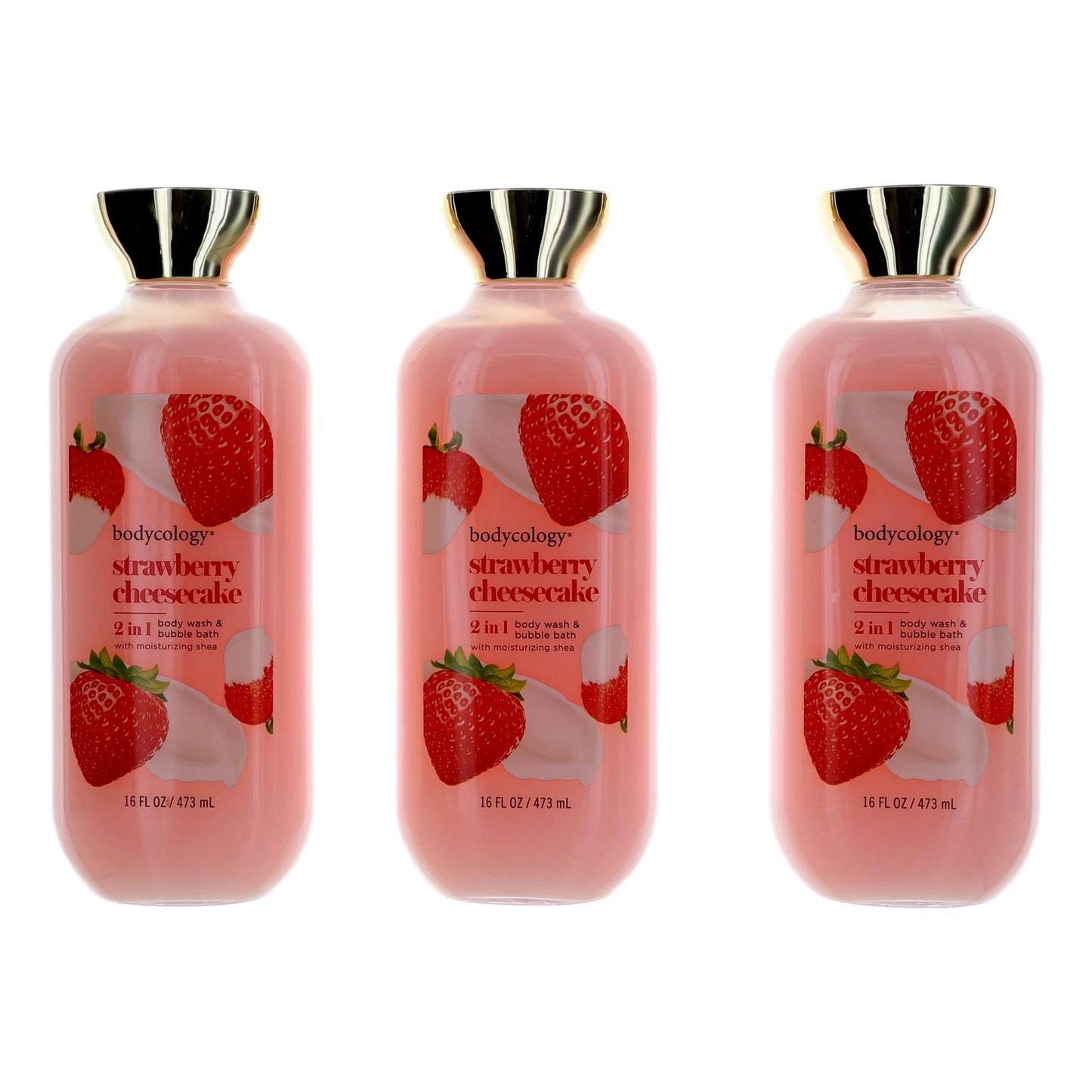 Cheesecake de fresa, paquete de 3, 473 ml, gel de ducha y baño de burbujas 2 en 1 para mujer