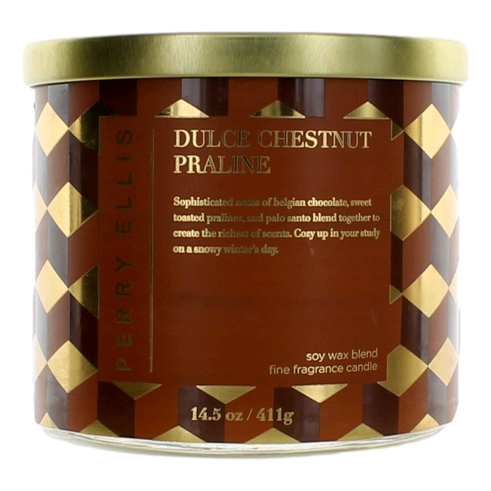 Vela de 3 mechas Perry Ellis de 14.5oz con mezcla de cera de soja - Praliné de castañas dulces
