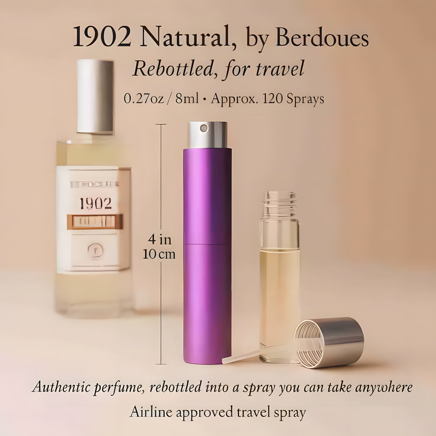 A travel perfume spray bottle set shown on a warm beige background with text. The set includes a tall purple cylindrical spray bottle in the center, a larger clear bottle with pale yellow liquid and a white cap on the left, a smaller clear bottle with pale yellow liquid and a silver cap on the right, plus a small clear dropper.