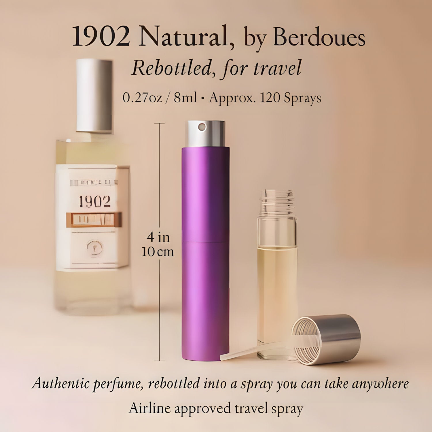 A travel perfume spray bottle set shown on a warm beige background with text. The set includes a tall purple cylindrical spray bottle in the center, a larger clear bottle with pale yellow liquid and a white cap on the left, a smaller clear bottle with pale yellow liquid and a silver cap on the right, plus a small clear dropper.