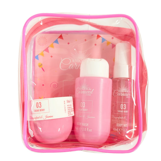 Amour De Carnaval 03 Sugar Berry 4 Pcs Set for Women: 1.3 Body Mist + 1.7 Body Lotion + 3 oz Body Wash + Cosmetic Bag