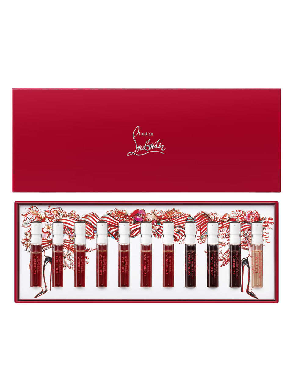 Christian Louboutin 11 * 2 ml Eau de Parfum Collection Set: Loubifunk + Loubidoo + Loubikiss + Loubirouge + Loubiraj + Loubicrown + Loubicroc + Loubicharme Intense + Loubiprince Intense + Loubiluna Intense + Loubimar Legere