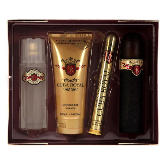 Cuba Royal 4 PCS Set for Men: 3.3 Eau de Toilette Spray + 1.17 Eau de Toilette Spray + 3.3 After Shave + 6.6 Shower Gel