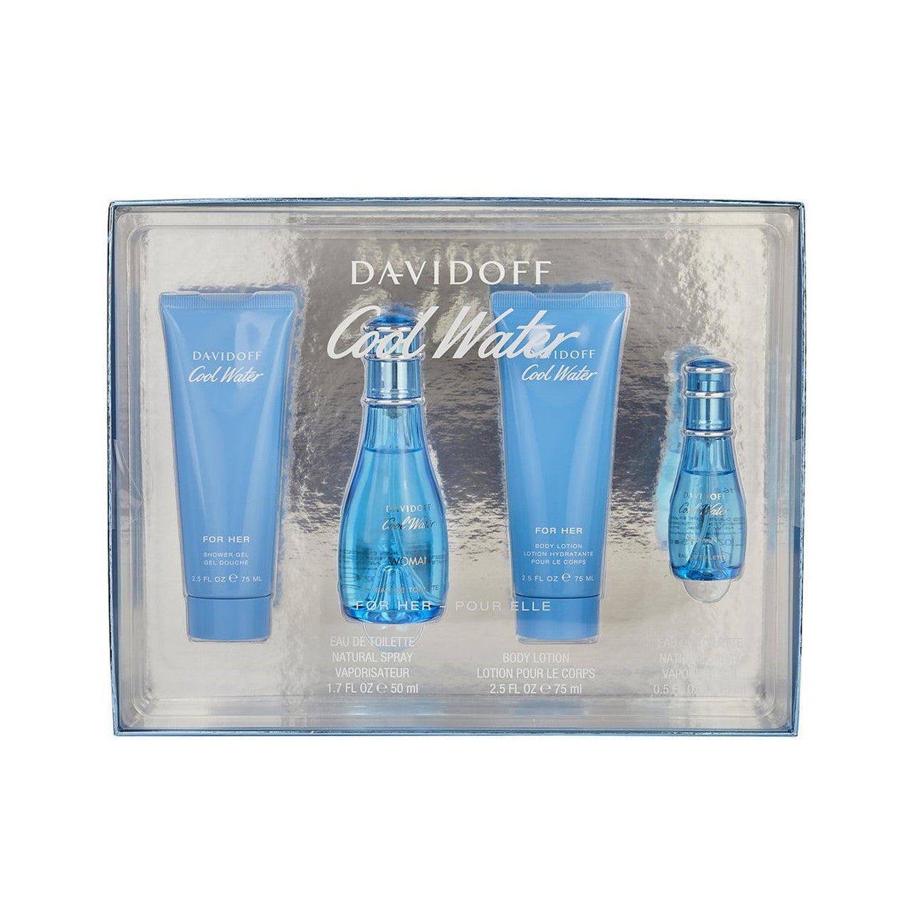 Coolwater 4 Pcs Set for Women: 1.7 Eau de Toilette Spray + 2.5 Body Lotion + 2.5 Shower Gel + 15 ml Eau de Toilette Spray