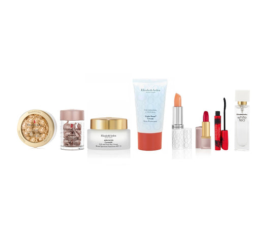 Elizabeth Arden 9 Pcs Set: Advanced Ceramide 60 Capsules + Retinol Ceramide 30 Capsules + Advanced Ceramide 1.7 Cream + 0.5 Skin Cream + 0.37 Lip Cream + 0.14 Lipstick Red Door 019 + 0.3 Mascara + White Tea 0.33 EDT SP + Hand Bag