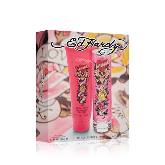 Ed Hardy 2 Pcs Set For Women: 3.4 Eau De Parfum Spray + 6.8 Body Lotion.