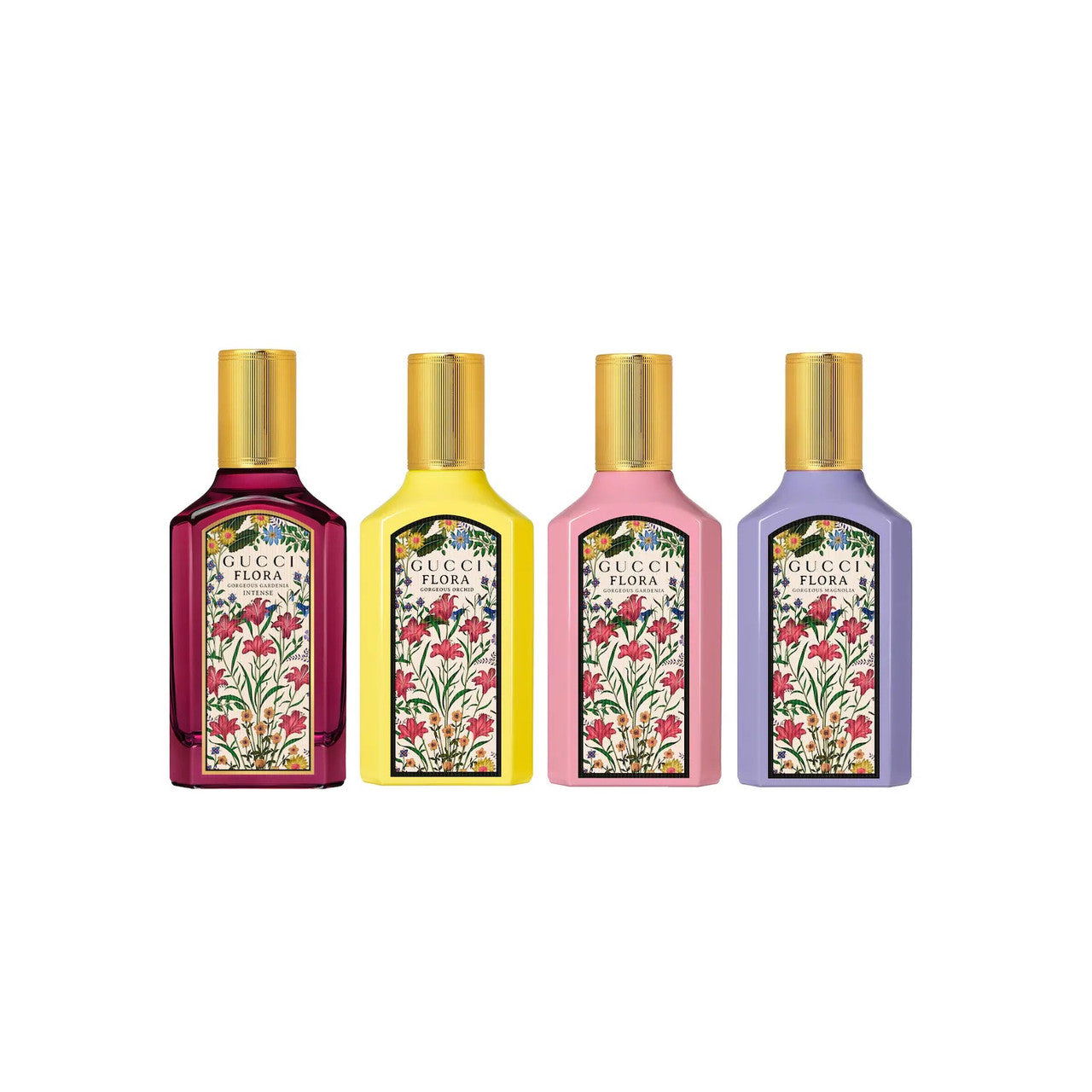 Gucci Flora 4 * 5 ml Eau de Parfum Mini Set for Women: Gorgeous Gardenia Intense + Gorgeous Gardenia + Gorgeous Orchid + Gorgeous Magnolia