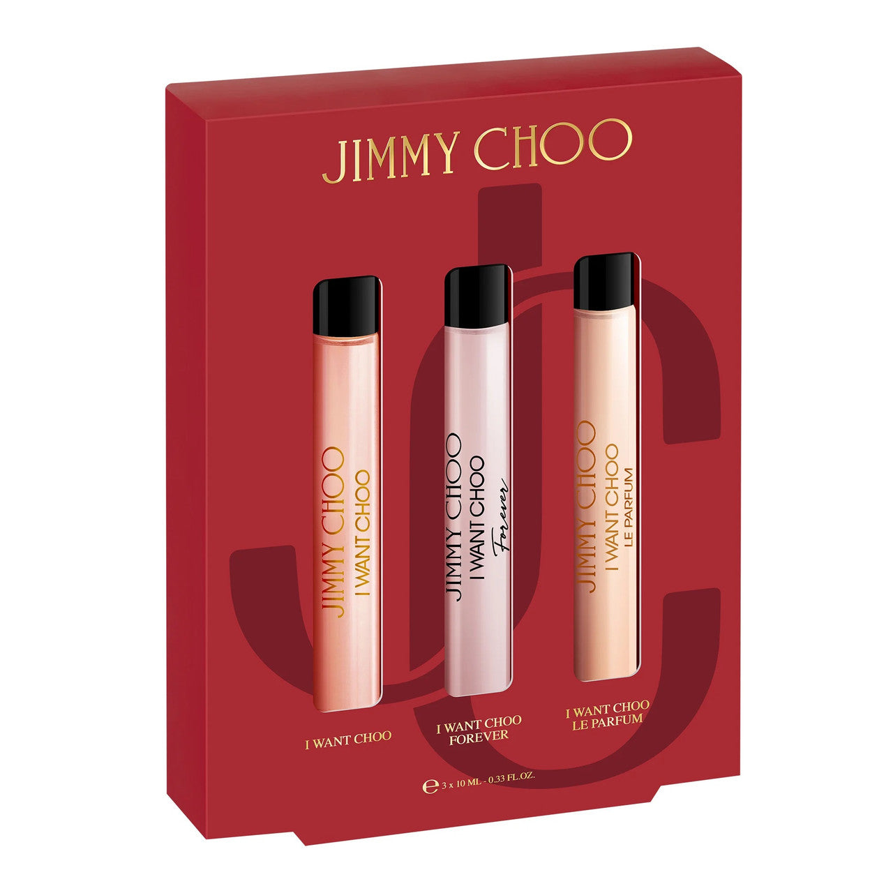 Jimmy Choo 3 Pcs Mini Set for Women: I Want Choo 0.33 oz Eau de Parfum Spray + I Want Choo Forever 0.33 oz Eau de Parfum Spray + I Want Choo Le Parfum 0.33 oz Parfum Spray