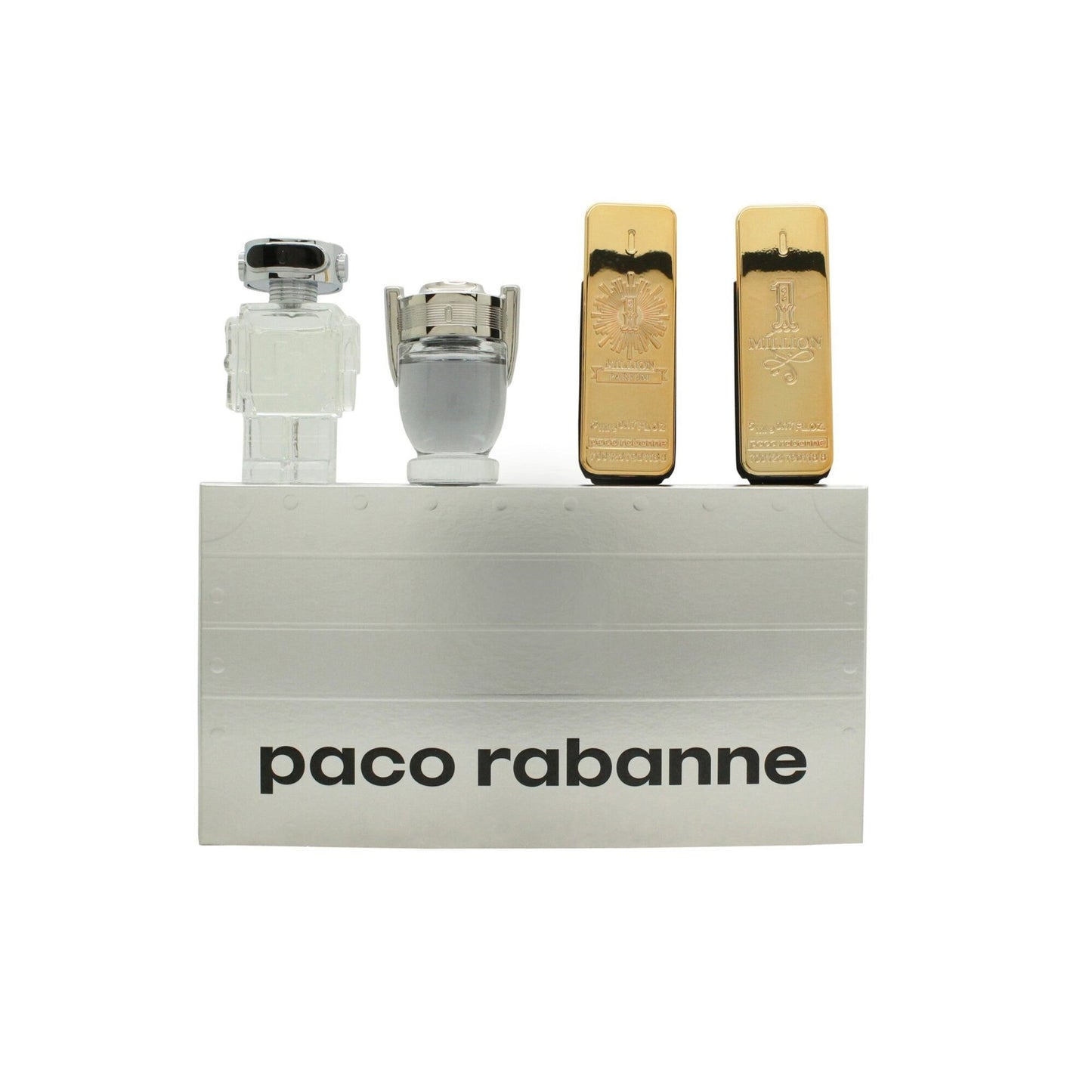 Paco Rabanne 4 Pcs Mini Set For Men: One Million 0.17 Eau De Toilette + One Million 0.17 Parfum + Invictus 0.17 Eau De Toilette + Phantom 0.17 Eau De Toilette