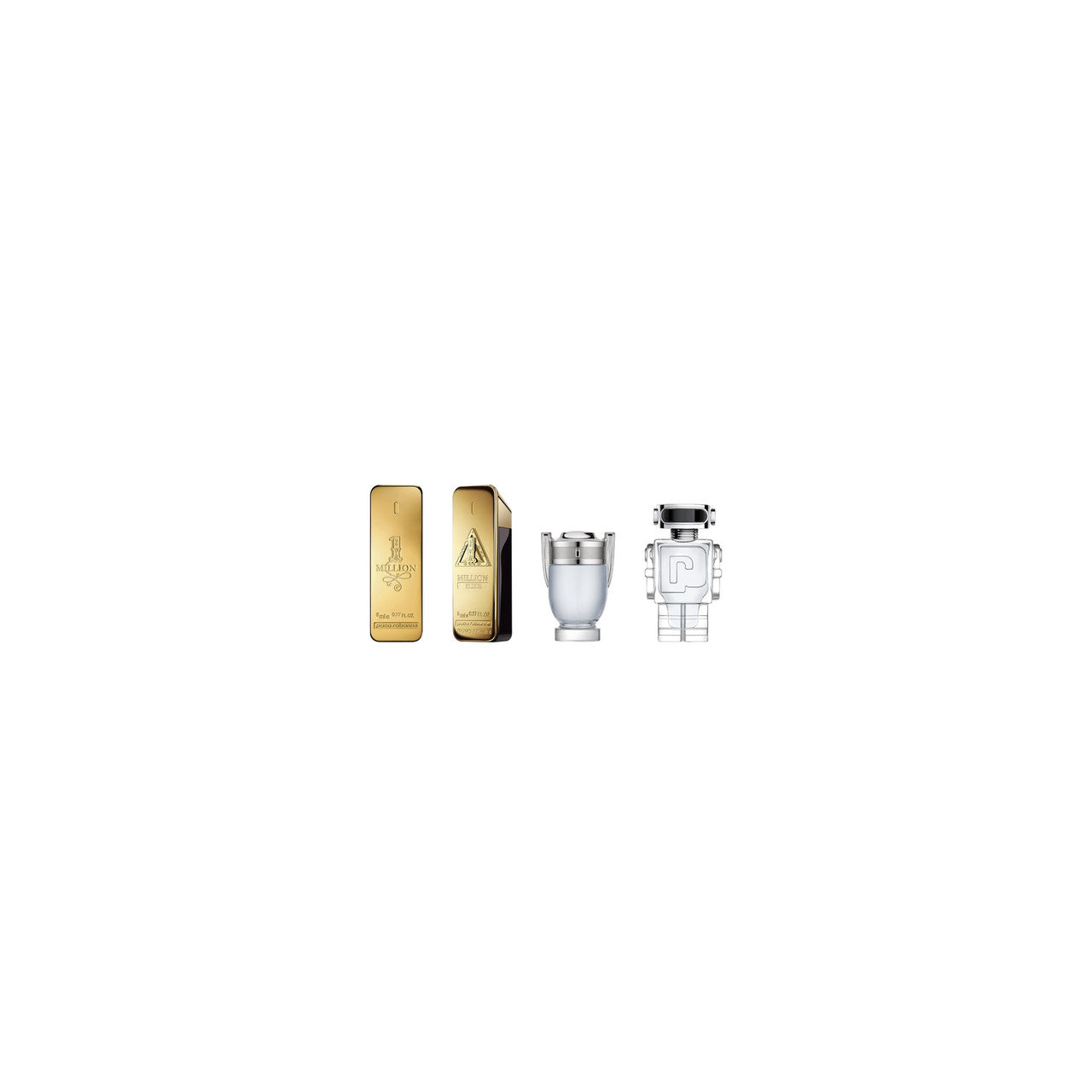 Paco Rabanne 4 Pcs Mini Set for Men: One Million 0.17 Eau de Toilette + One Million Elixir 0.17 Parfum Intense + Invictus 0.17 Eau de Toilette + Phantom 0.17 Eau de Toilette