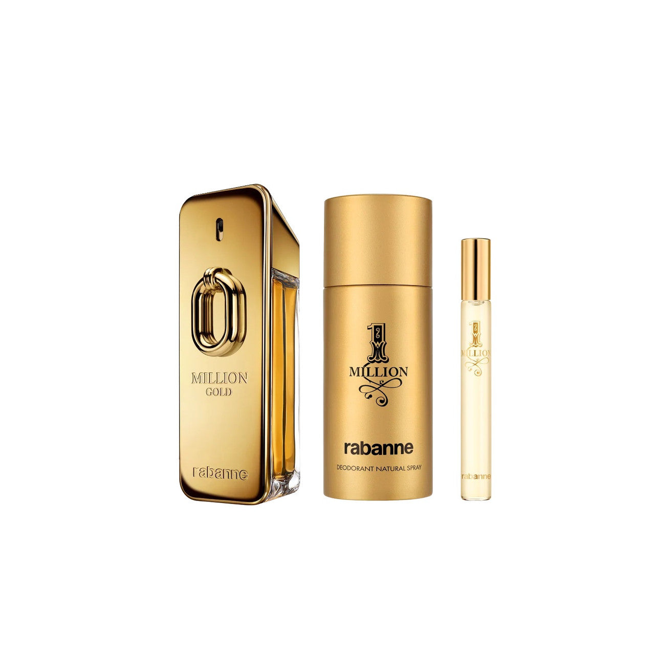 Paco Rabanne Million Gold 3 Pcs Set for Men: 3.4 Eau de Parfum Spray Intense + One Million 5.1 Deodorant Spray + One Million 0.34 Eau de Toilette Spray