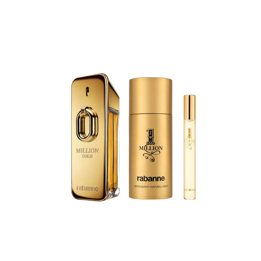 Paco Rabanne Million Gold 3 Pcs Set for Men: 3.4 Eau de Parfum Spray Intense + One Million 5.1 Deodorant Spray + One Million 0.34 Eau de Toilette Spray