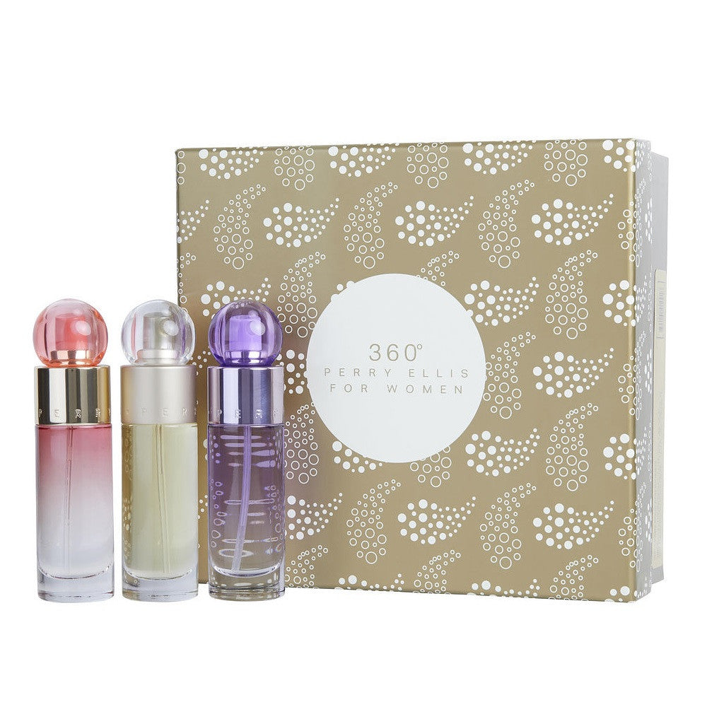 Perry Ellis 3 Pcs Set for Women: 360 1 oz Eau de Toilette Spray + 360 Coral 1 oz Eau de Parfum Spray + 360 Purple 1 oz Eau de Parfum Spray