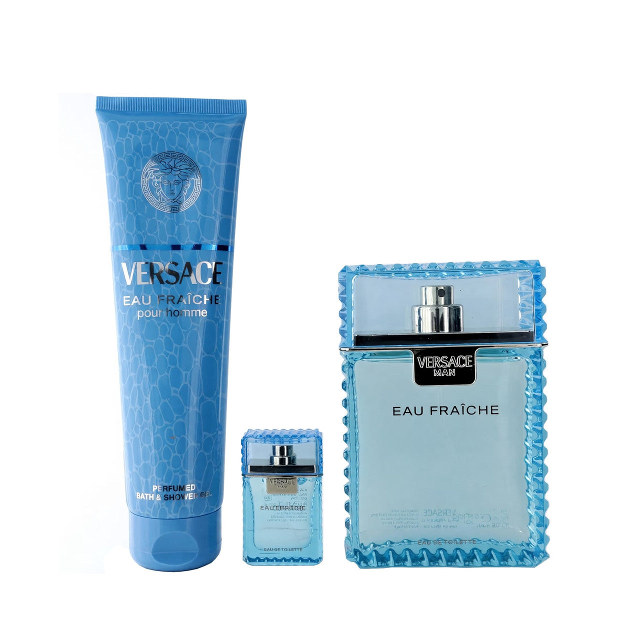 Versace Eau Fraiche 3 Pcs Set for Men: 3.4 Eau de Toilette Spray + 5 ml Eau de Toilette Mini + 5 oz Bath & Shower Gel