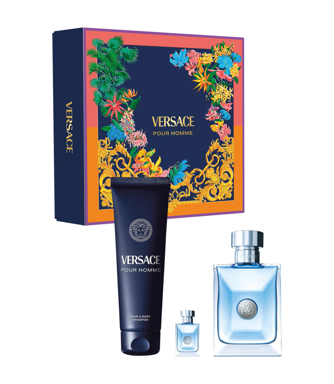 Versace Pour Homme 3 Pcs Set: 3.4 Eau de Toilette Spray + 5 ml Eau de Toilette Mini + 5 oz Hair & Body Shampoo