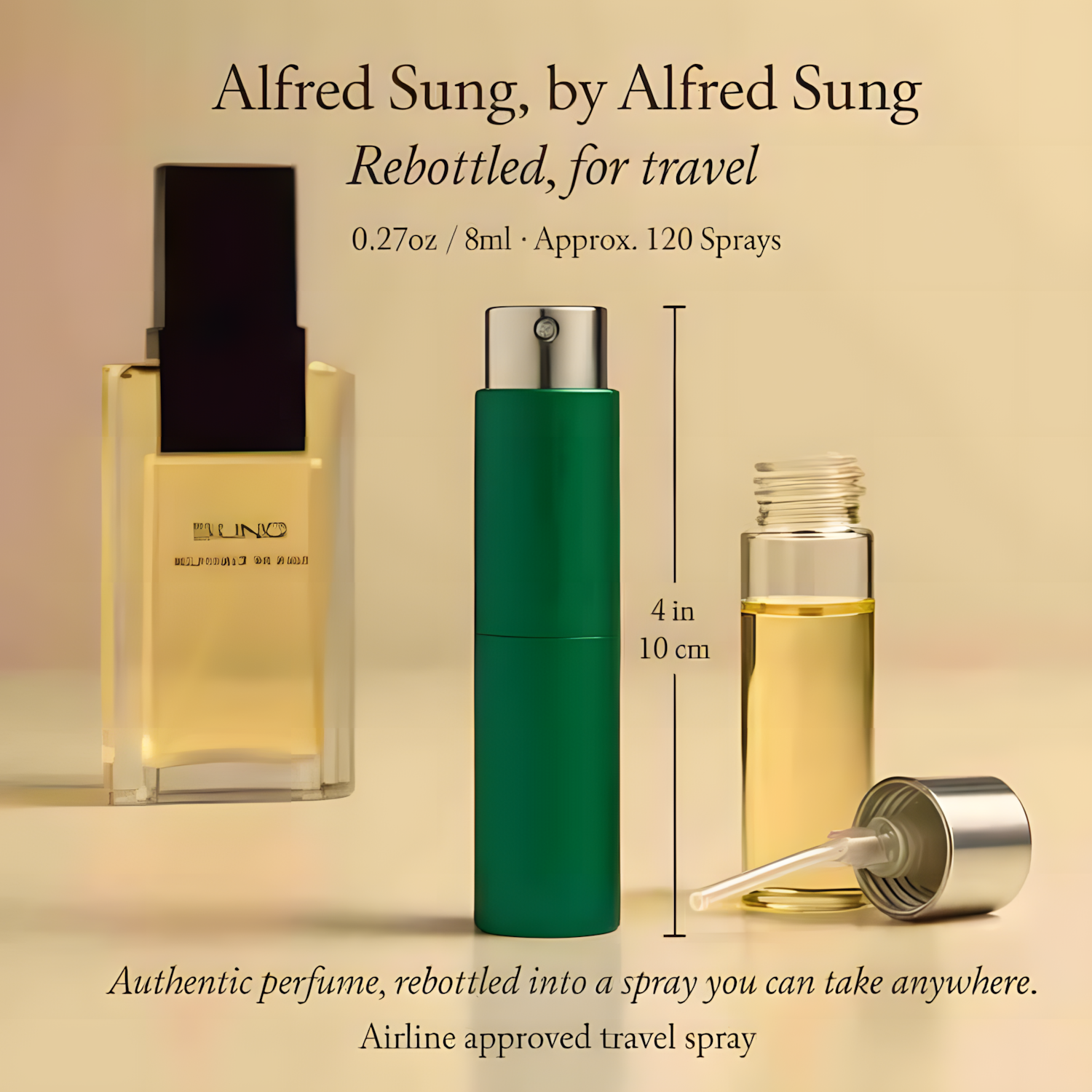 Alfred Sung travel perfume spray bottle shown in a clean studio-style layout on a warm beige background. The image includes the original perfume bottle, a green cylindrical spray canister, an open glass bottle with yellow liquid, and a dropper, with text noting 0.