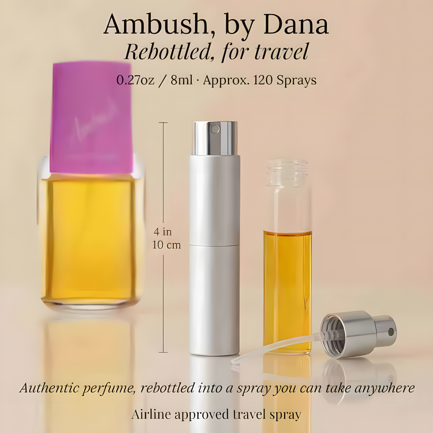 Travel perfume spray bottle set by Ambush, by Dana, featuring a silver cylindrical atomizer, a small glass vial with amber liquid, and a purple cap, on a beige background with product text.
