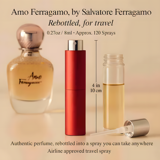 A travel perfume spray bottle set shown on a warm beige background with text overlays. The set includes a large bottle of Amo Ferragamo perfume, a red cylindrical atomizer spray, a small clear vial with amber liquid, and a silver cap, with dimensions labeled as 4 in (10 cm) tall.