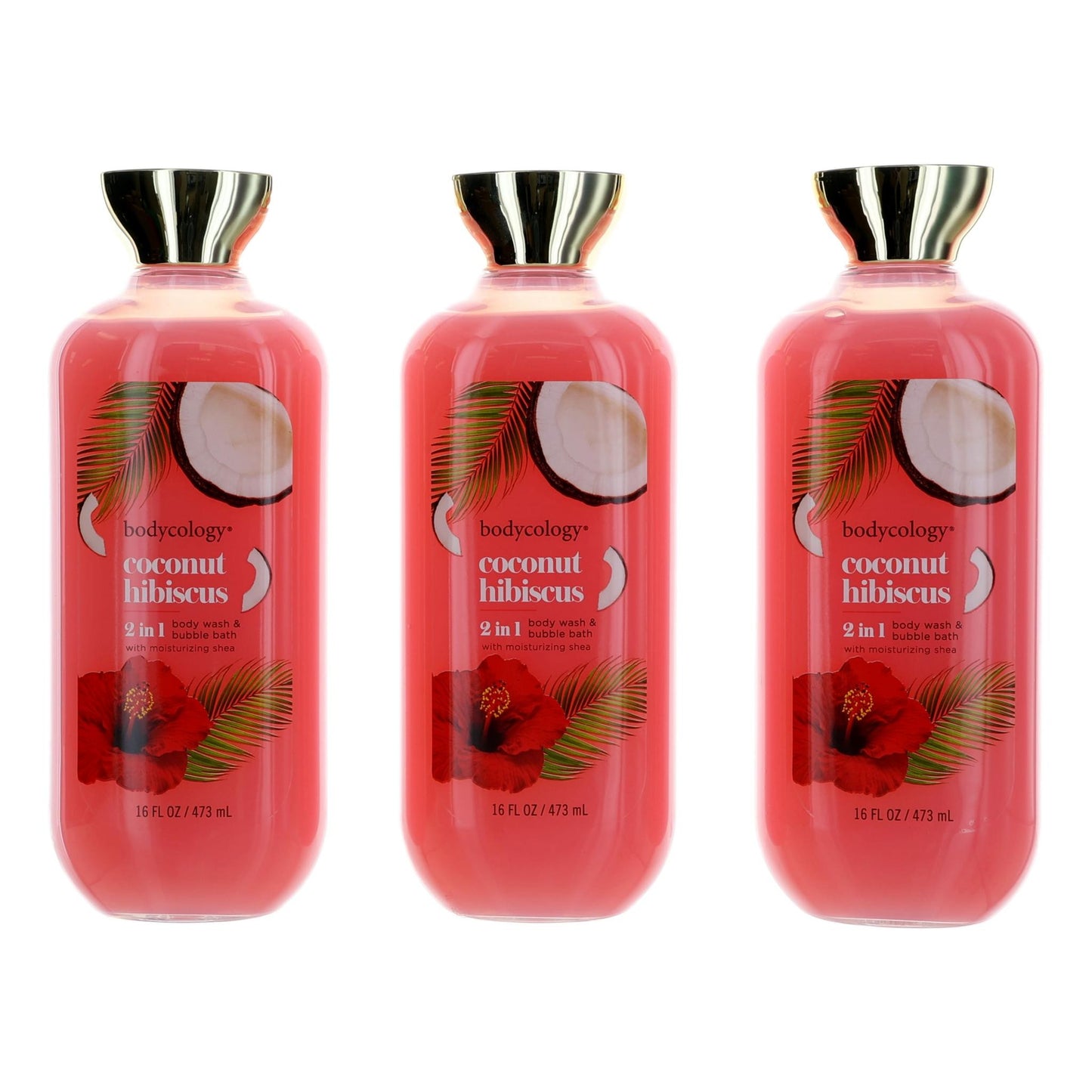 Coconut Hibiscus de Bodycology, paquete de 3, 473 ml, gel de ducha y baño de burbujas 2 en 1 para mujer