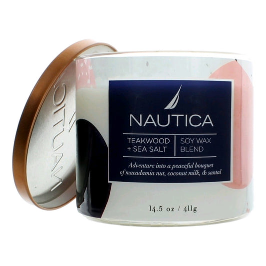 Nautica Vela de 3 mechas con mezcla de cera de soja de 14,5 oz - Madera de teca y sal marina
